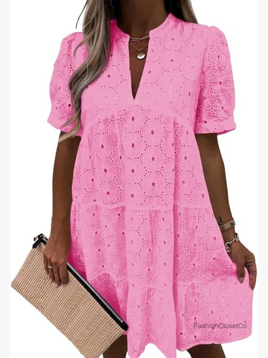 Dresses & Skirts - 100% Polyester Eyelet Babydoll Dress Short Sleeve V Neck Flowy Tunic